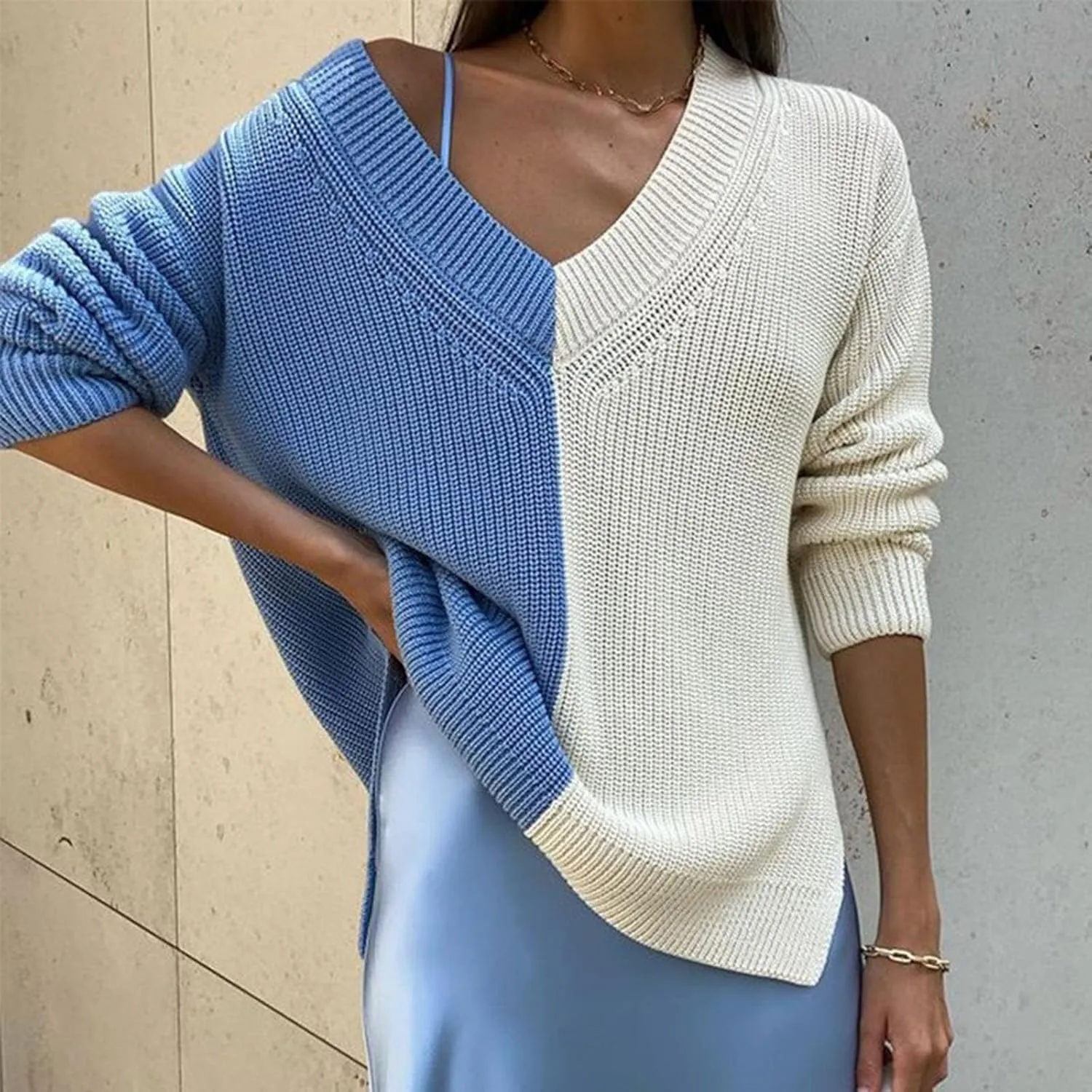 Womens Sweaters Fall Dressy Casual V Neck Long Sleeve Pullover Fashion Clothes 2024 Color Block Knit Trendy Tops