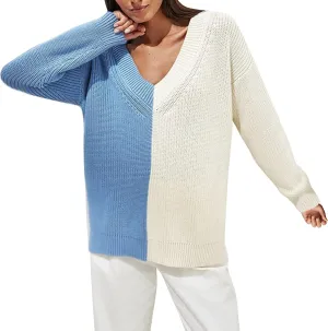 Womens Sweaters Fall Dressy Casual V Neck Long Sleeve Pullover Fashion Clothes 2024 Color Block Knit Trendy Tops