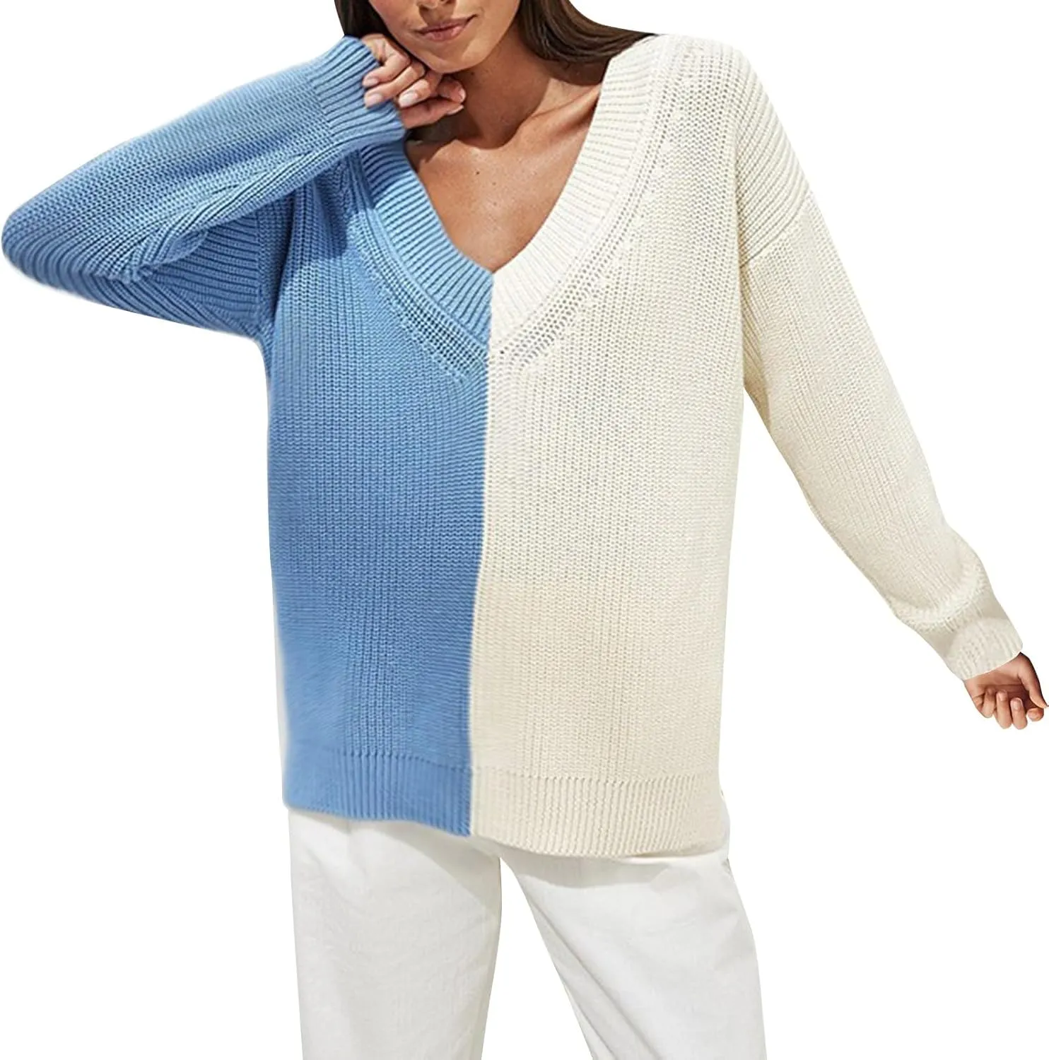 Womens Sweaters Fall Dressy Casual V Neck Long Sleeve Pullover Fashion Clothes 2024 Color Block Knit Trendy Tops