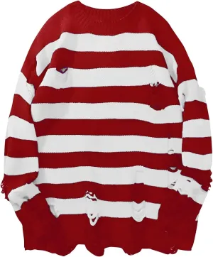 Womens Sweaters Long Sleeve Crew Neck Sweater Top Striped Oversized Pullover for Women 2024 Fall Casual Outfits