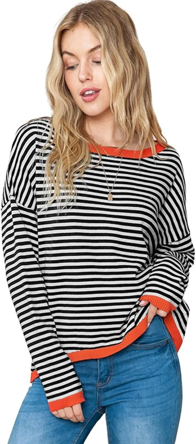 Womens Sweaters Striped Color Block Long Sleeve Casual Loose Knitted Pullover Shirts 2024 Fall Outfits Trendy Tops