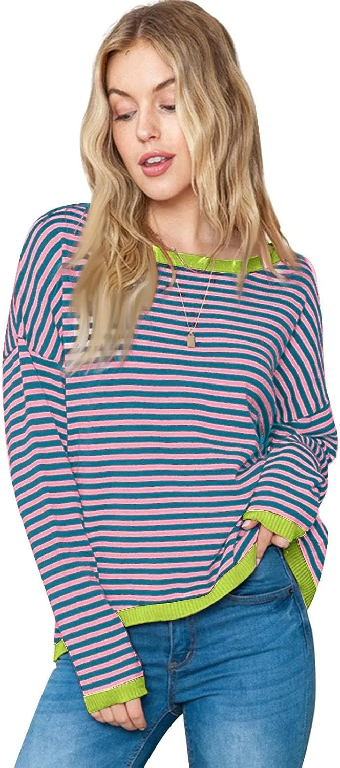 Womens Sweaters Striped Color Block Long Sleeve Casual Loose Knitted Pullover Shirts 2024 Fall Outfits Trendy Tops