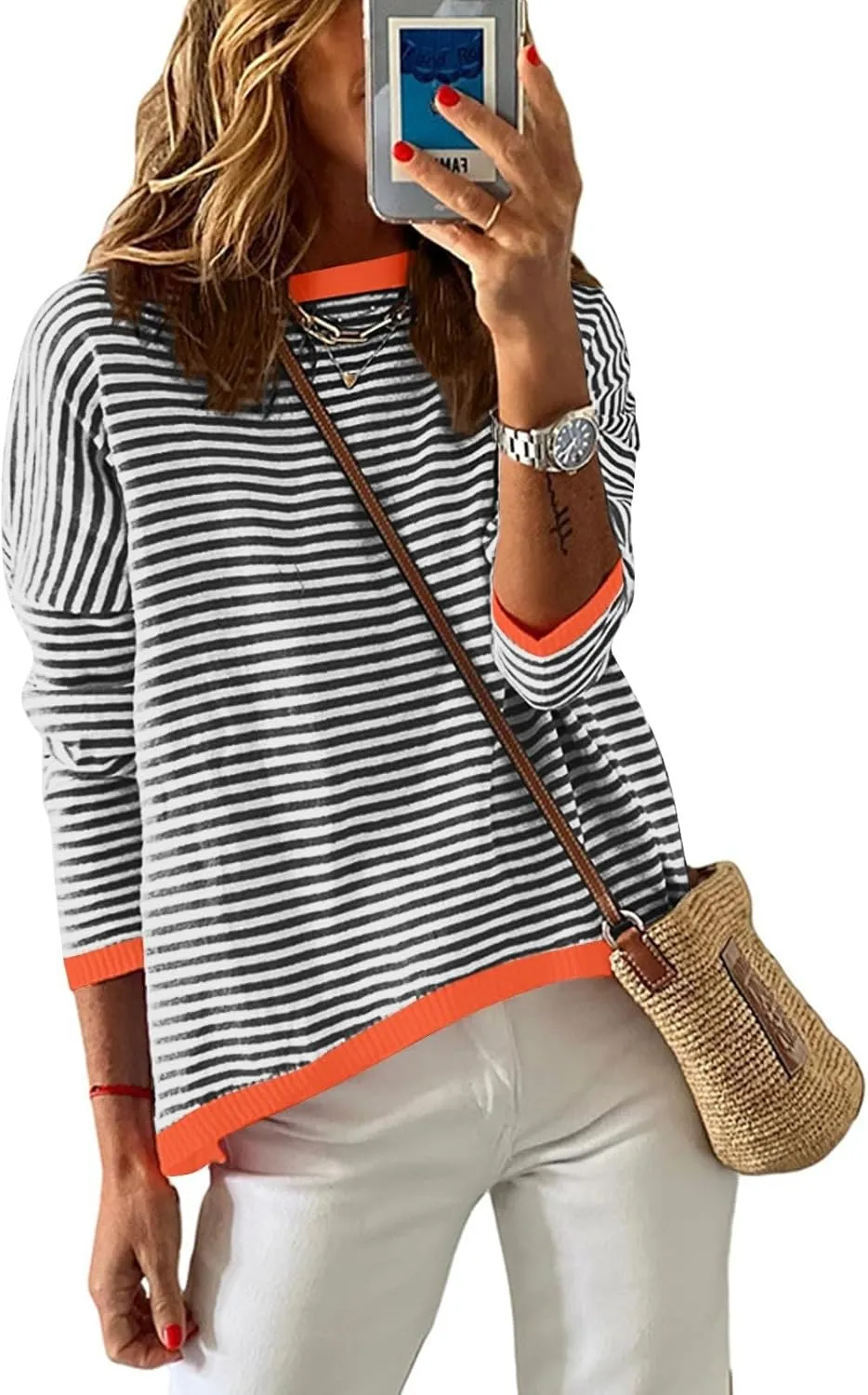Womens Sweaters Striped Color Block Long Sleeve Casual Loose Knitted Pullover Shirts 2024 Fall Outfits Trendy Tops