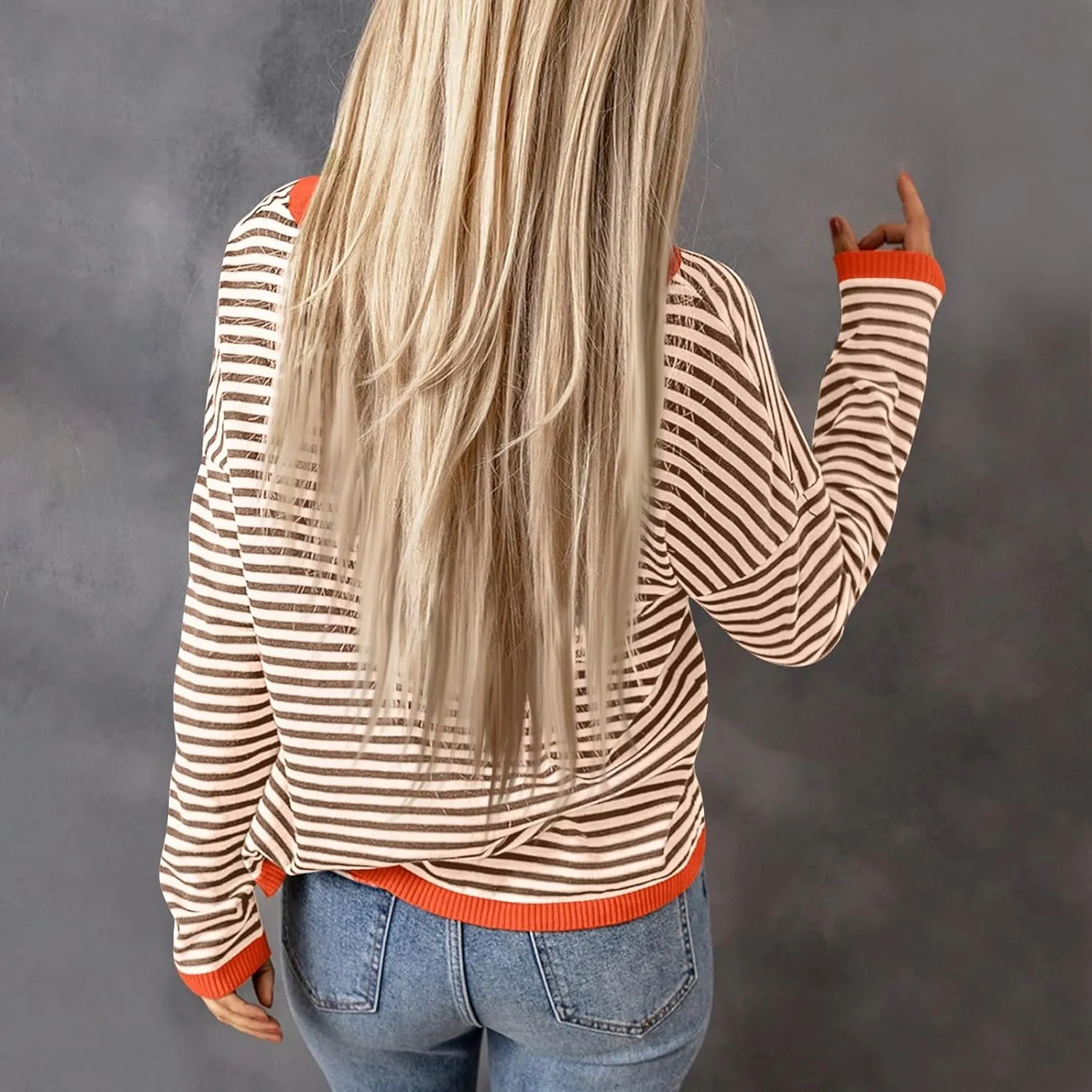 Womens Sweaters Striped Color Block Long Sleeve Casual Loose Knitted Pullover Shirts 2024 Fall Outfits Trendy Tops