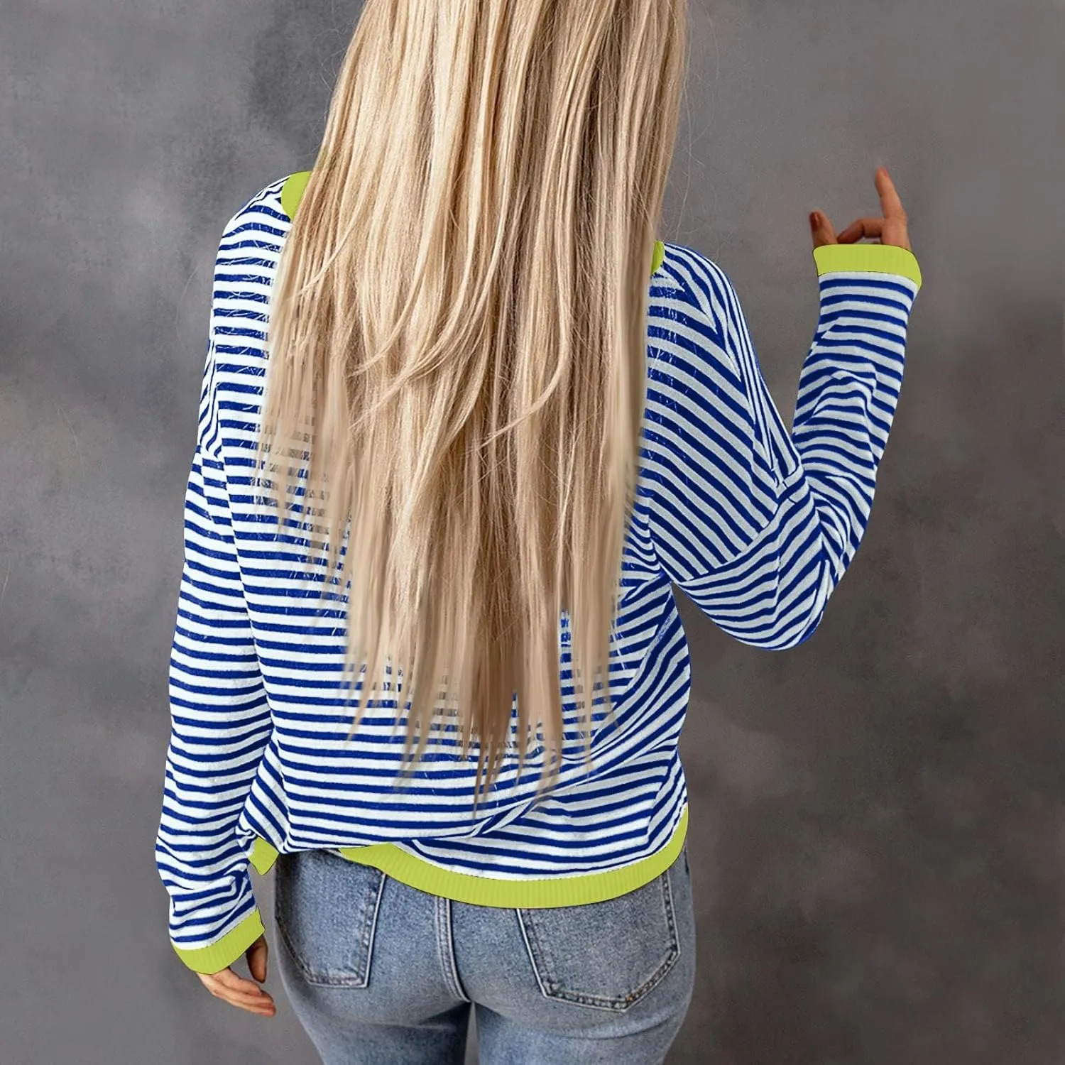 Womens Sweaters Striped Color Block Long Sleeve Casual Loose Knitted Pullover Shirts 2024 Fall Outfits Trendy Tops