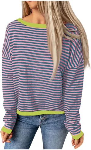 Womens Sweaters Striped Color Block Long Sleeve Casual Loose Knitted Pullover Shirts 2024 Fall Outfits Trendy Tops