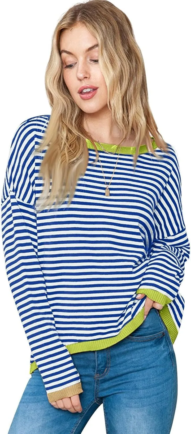 Womens Sweaters Striped Color Block Long Sleeve Casual Loose Knitted Pullover Shirts 2024 Fall Outfits Trendy Tops