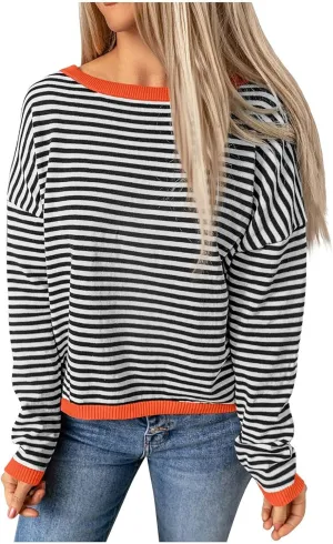 Womens Sweaters Striped Color Block Long Sleeve Casual Loose Knitted Pullover Shirts 2024 Fall Outfits Trendy Tops