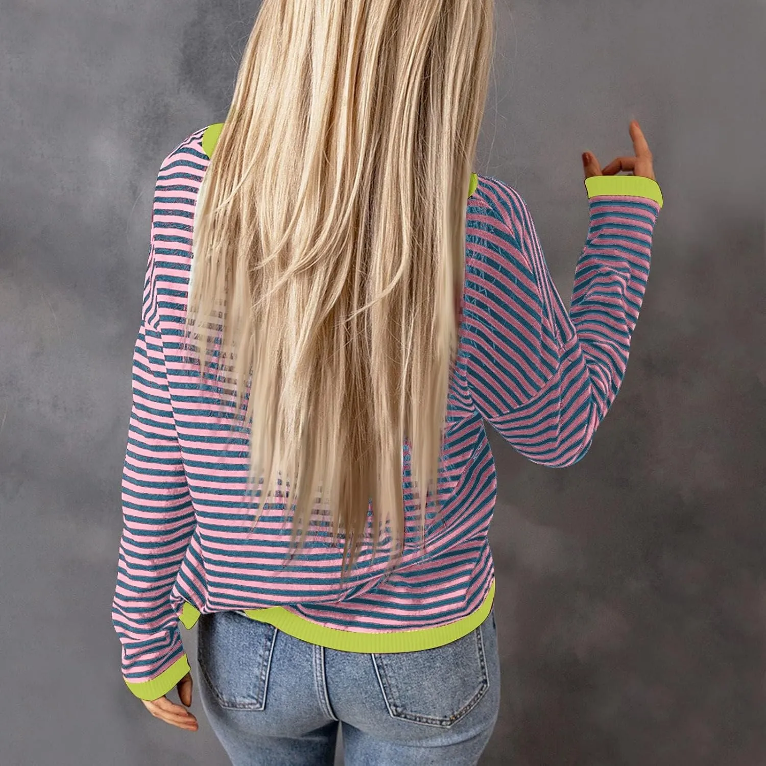 Womens Sweaters Striped Color Block Long Sleeve Casual Loose Knitted Pullover Shirts 2024 Fall Outfits Trendy Tops