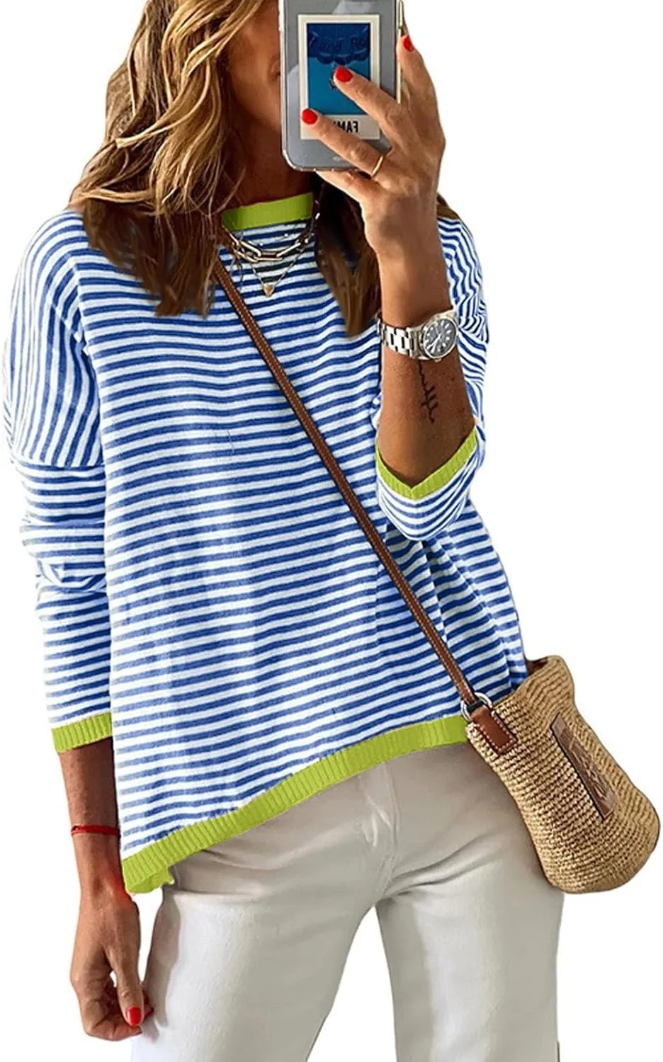Womens Sweaters Striped Color Block Long Sleeve Casual Loose Knitted Pullover Shirts 2024 Fall Outfits Trendy Tops