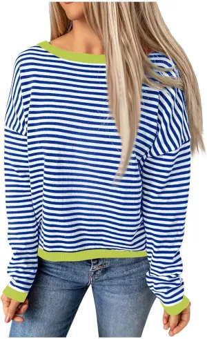 Womens Sweaters Striped Color Block Long Sleeve Casual Loose Knitted Pullover Shirts 2024 Fall Outfits Trendy Tops