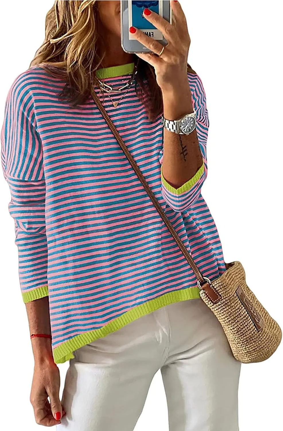 Womens Sweaters Striped Color Block Long Sleeve Casual Loose Knitted Pullover Shirts 2024 Fall Outfits Trendy Tops