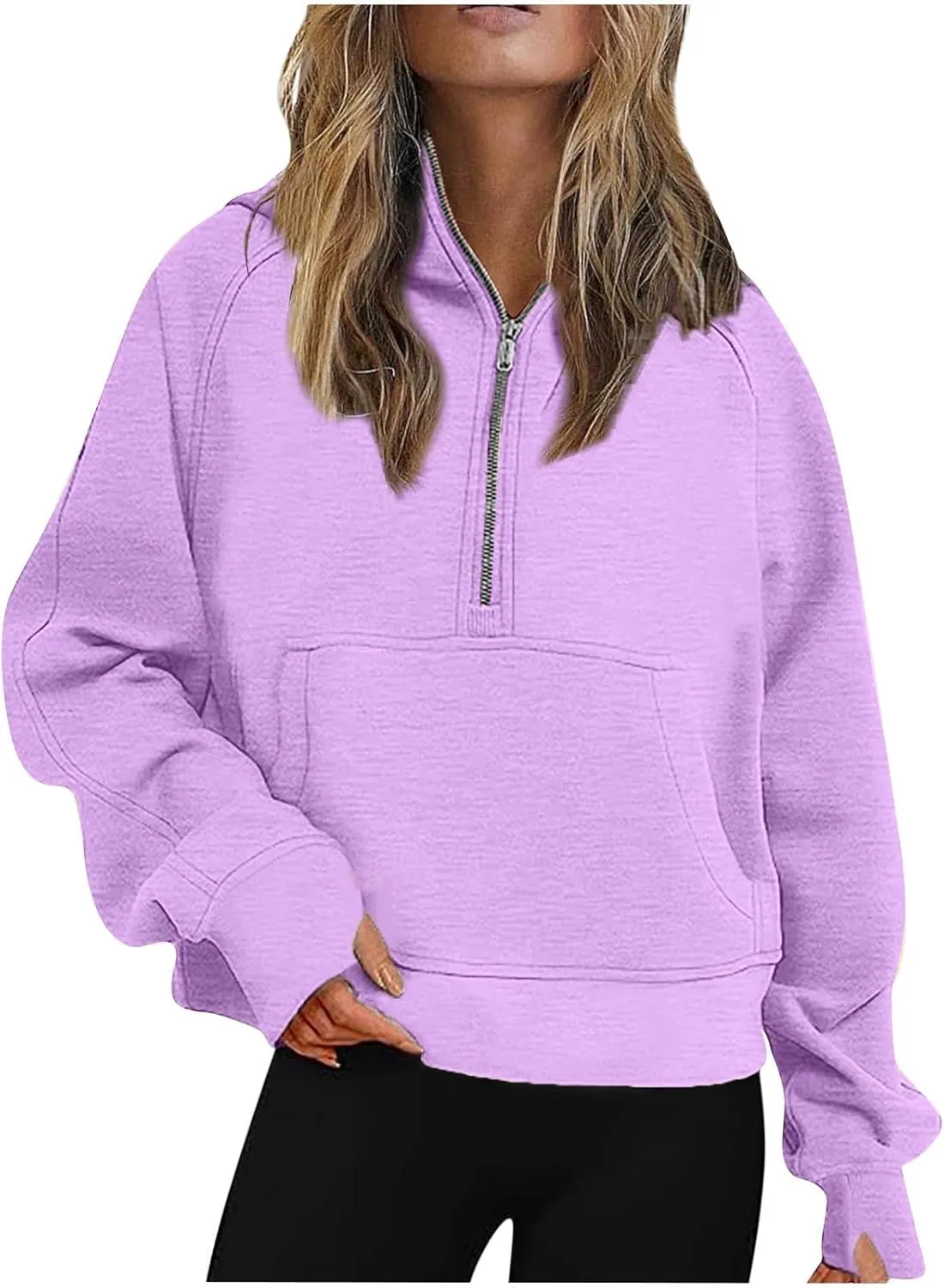 Womens Sweatshirts Half Zip Cropped Pullover Fleece Quarter Zipper Hoodies Thumb Hole Solid Sweatshirt with Pocket