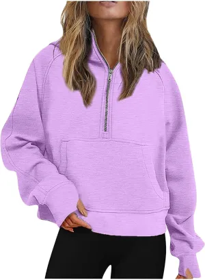 Womens Sweatshirts Half Zip Cropped Pullover Fleece Quarter Zipper Hoodies Thumb Hole Solid Sweatshirt with Pocket