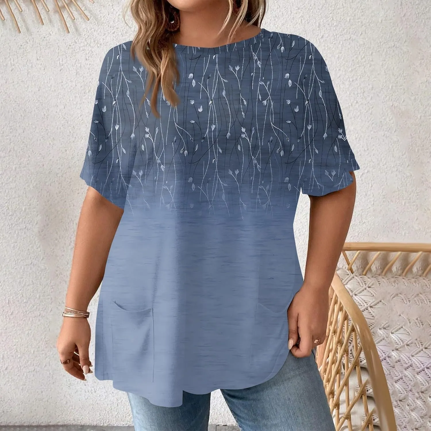 Womens Tops Women's Oversized T Shirts Summer Short Sleeve Loose Fit Casual Crewneck Print Tunic Tops with Pockets