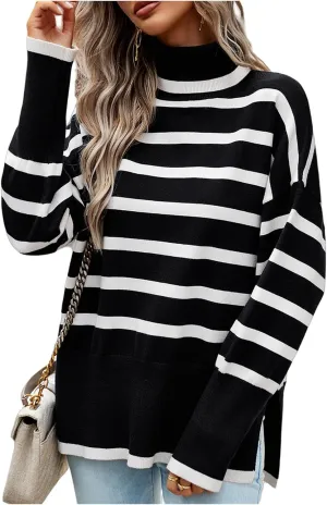 Women's Turtleneck Knit Sweaters 2024 Oversized Cozy Loose Fit Ribbed Winter Clothes with Side Slits