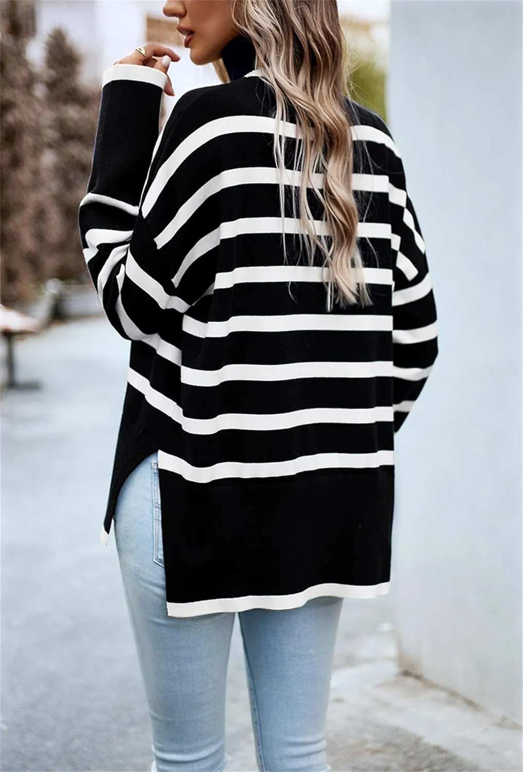 Women's Turtleneck Knit Sweaters 2024 Oversized Cozy Loose Fit Ribbed Winter Clothes with Side Slits