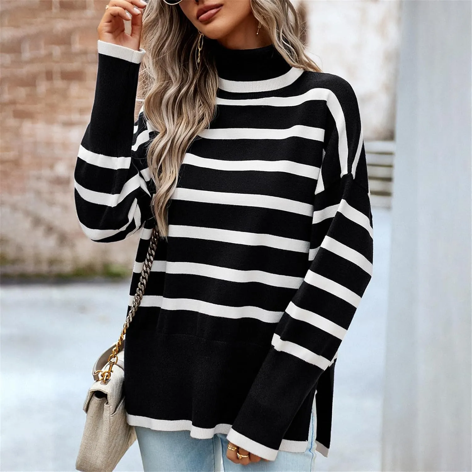 Women's Turtleneck Knit Sweaters 2024 Oversized Cozy Loose Fit Ribbed Winter Clothes with Side Slits