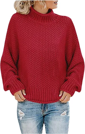 Womens Turtleneck Long Sleeve Sweater Solid Color Sweater Winter Trendy Sweater Loose Fitting Sweater Blouse