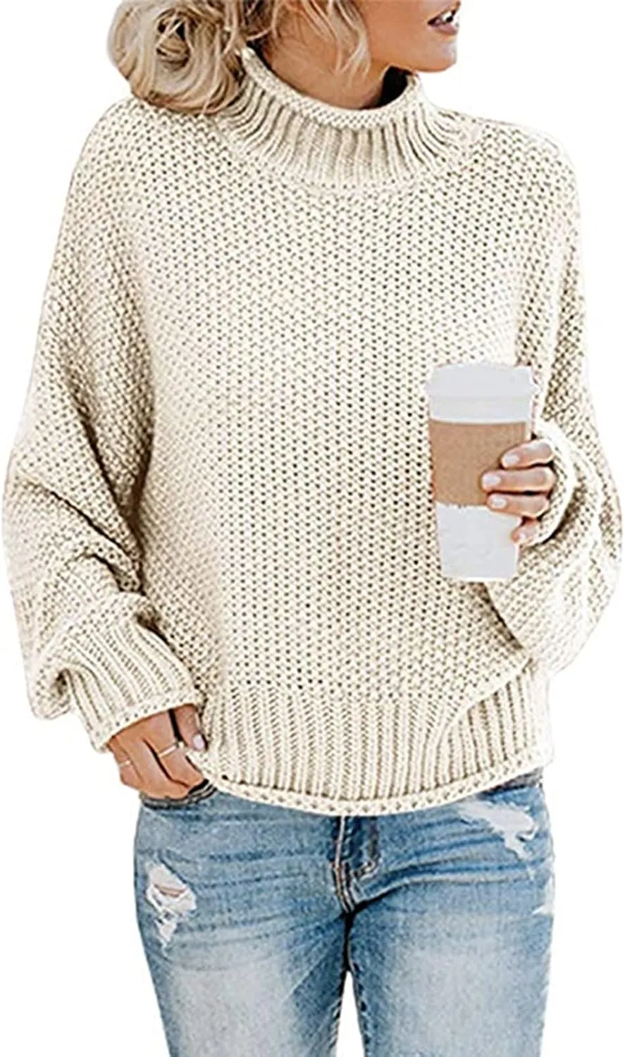 Womens Turtleneck Long Sleeve Sweater Solid Color Sweater Winter Trendy Sweater Loose Fitting Sweater Blouse
