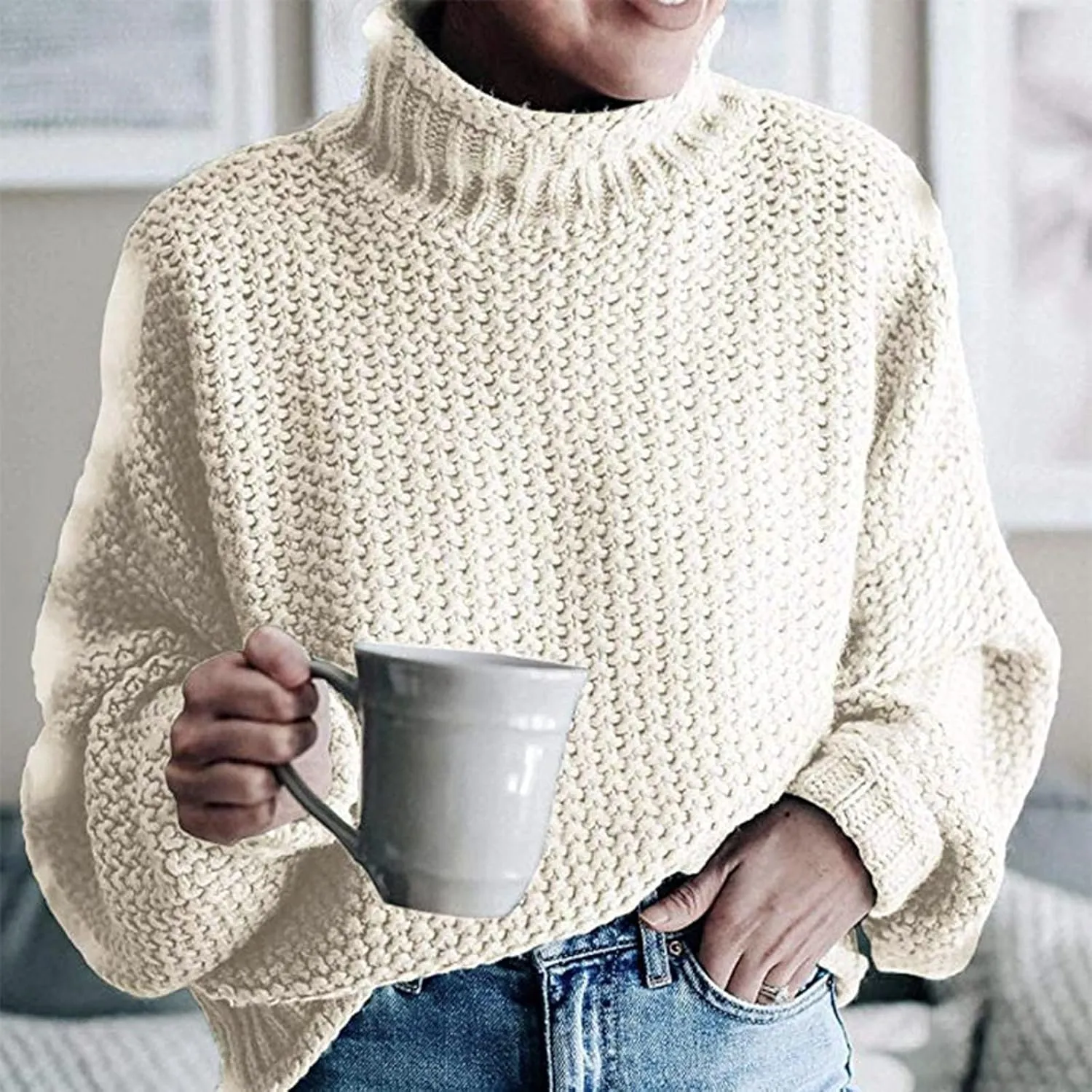 Womens Turtleneck Long Sleeve Sweater Solid Color Sweater Winter Trendy Sweater Loose Fitting Sweater Blouse