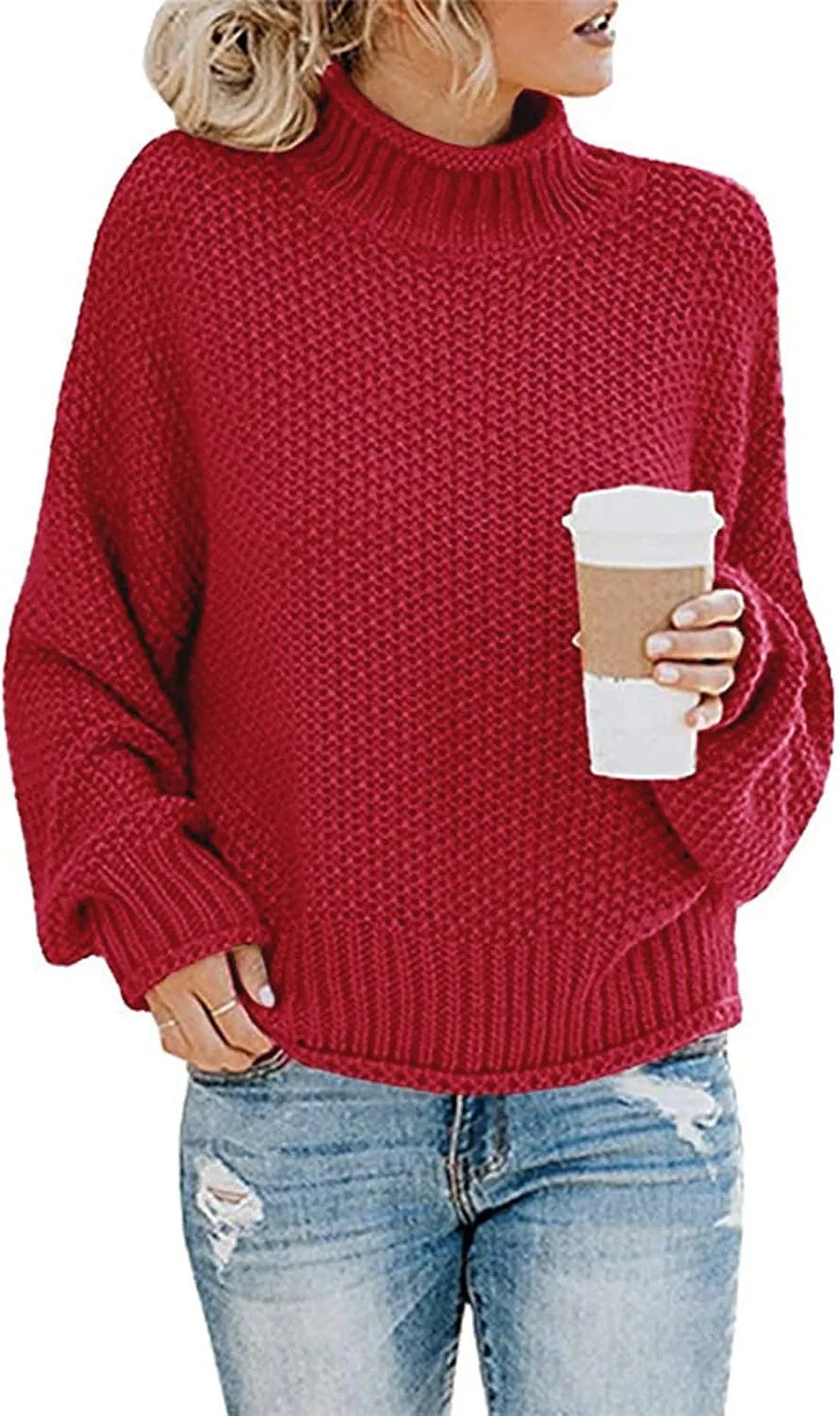 Womens Turtleneck Long Sleeve Sweater Solid Color Sweater Winter Trendy Sweater Loose Fitting Sweater Blouse