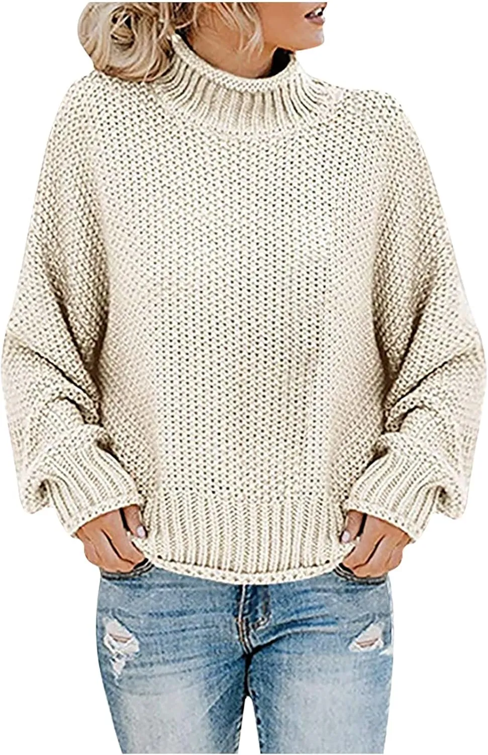 Womens Turtleneck Long Sleeve Sweater Solid Color Sweater Winter Trendy Sweater Loose Fitting Sweater Blouse