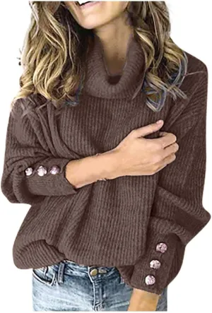 Women's Turtleneck Oversized Sweaters Long Sleeve Pullover Loose Knit Jumper Striped Print Button Jumper Tops