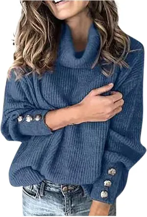 Women's Turtleneck Oversized Sweaters Long Sleeve Pullover Loose Knit Jumper Striped Print Button Jumper Tops