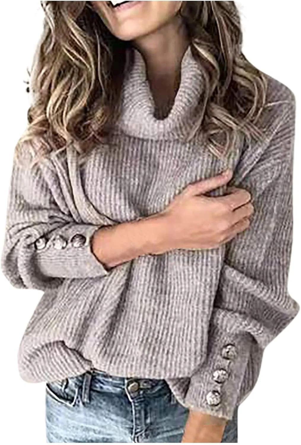 Women's Turtleneck Oversized Sweaters Long Sleeve Pullover Loose Knit Jumper Striped Print Button Jumper Tops