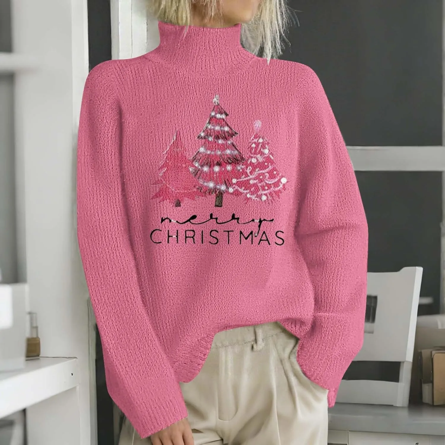 Womens Turtleneck Sweater 2024 Trendy Clothes Oversized Knitted Pullover Casual Trendy Basic Loose Daily Jumper Top