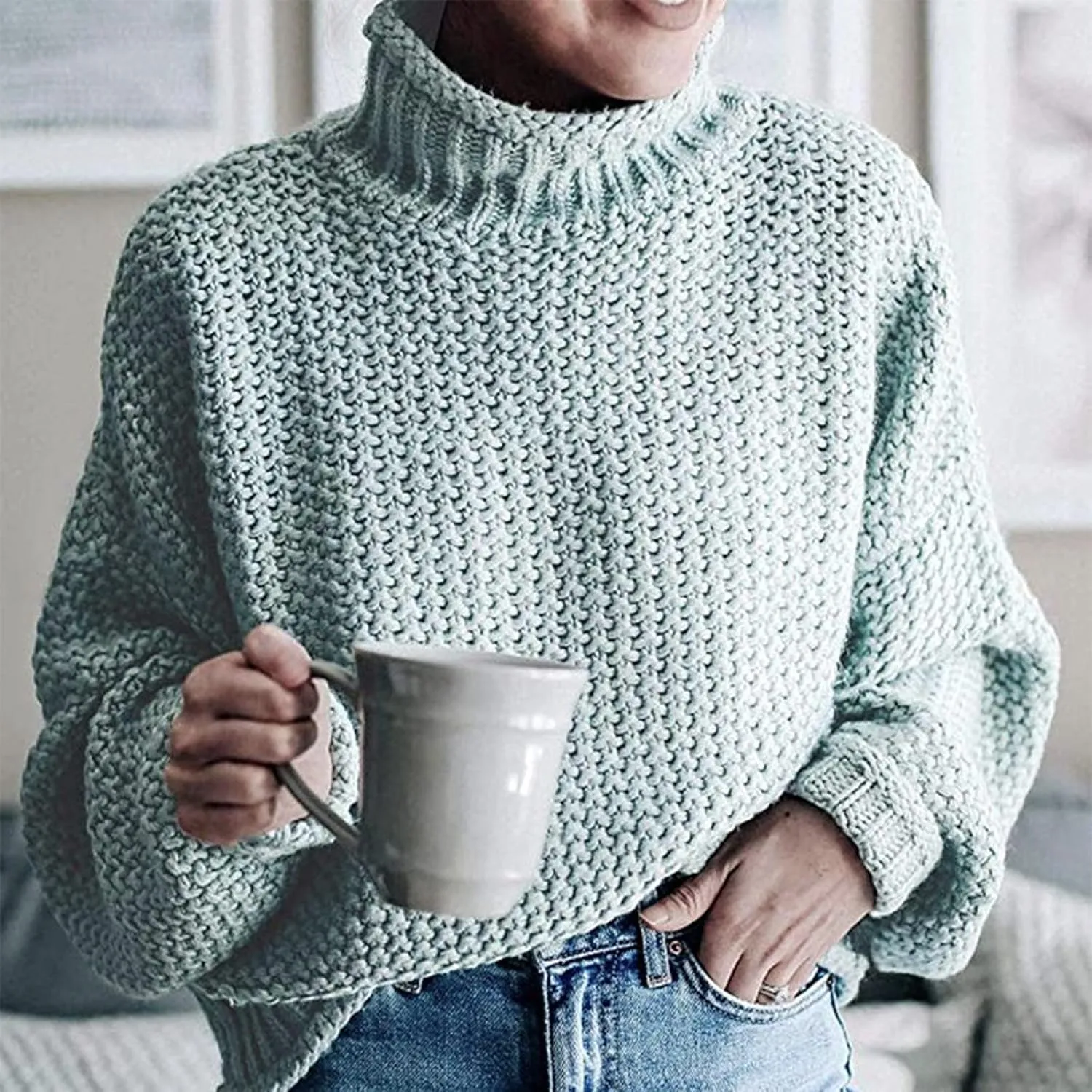 Womens Turtleneck Sweater Long Sleeve Knitted Sweater Winter Fashion Sweaters Casual Oversized Sweater Blouse