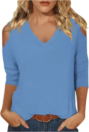 Womens V Neck Cold Shoulder 3/4 Sleeve Tops Casual Shirt Dressy Blouse Trendy Tshirts Gifts for Her Fashion Cothes Tee