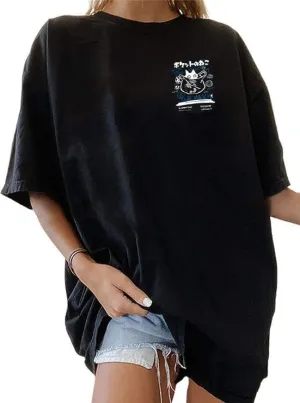 Womens Vintage Graphic Tee Shirt Cat Print Short Sleeve Loose Tunic Tops Gothic Oversized Punk Baggy Shirts