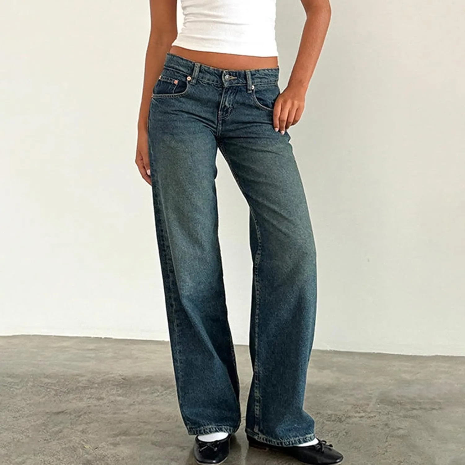 Women's Wide Leg Jeans Straight Leg Boyfriend Denim Pants Low Rise Baggy Jeans Casual Loose Jeans Y2K E-Girl Pants