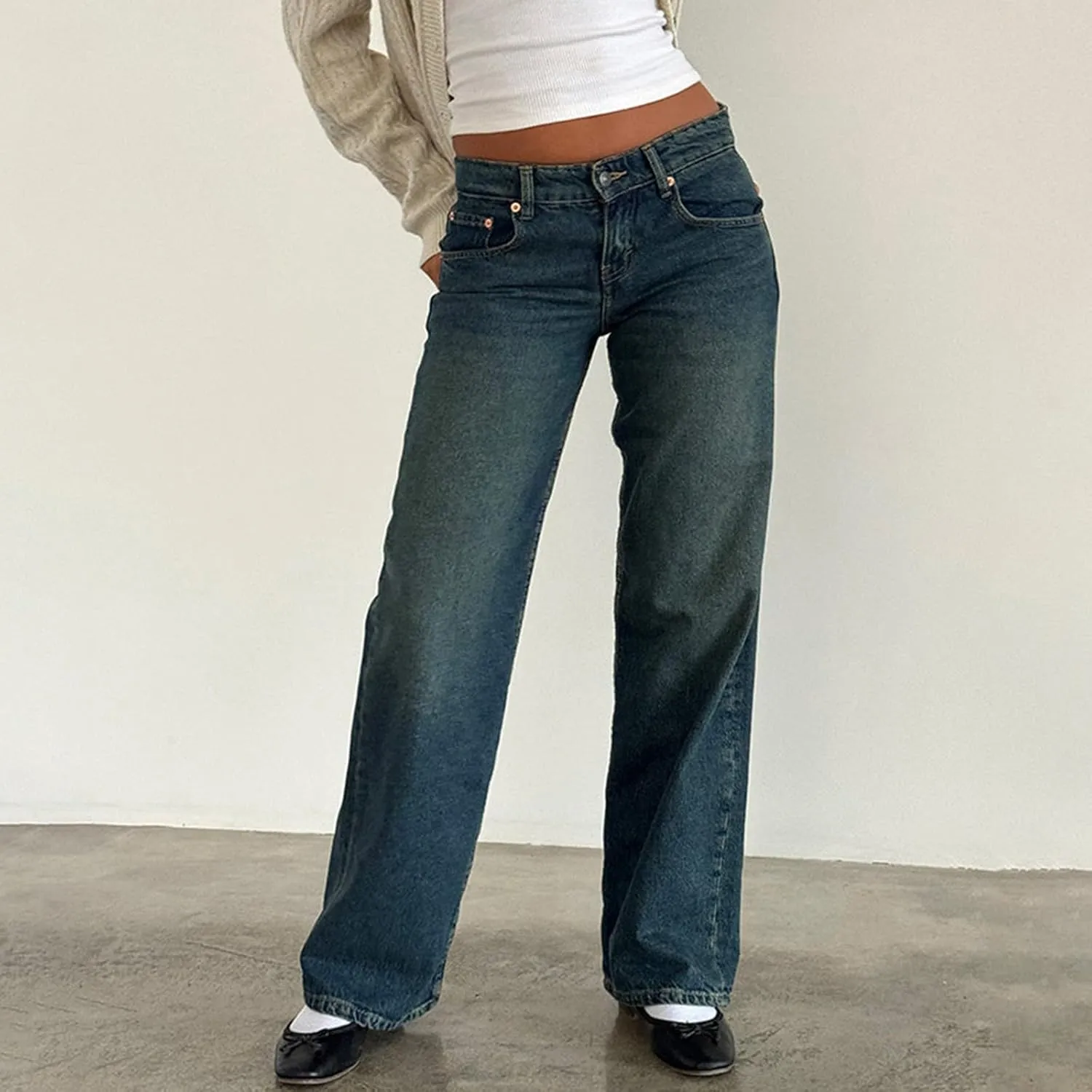 Women's Wide Leg Jeans Straight Leg Boyfriend Denim Pants Low Rise Baggy Jeans Casual Loose Jeans Y2K E-Girl Pants