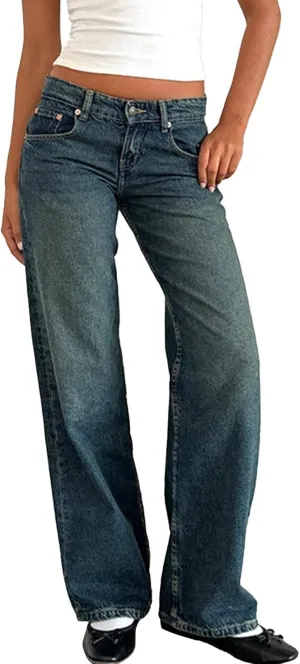 Women's Wide Leg Jeans Straight Leg Boyfriend Denim Pants Low Rise Baggy Jeans Casual Loose Jeans Y2K E-Girl Pants