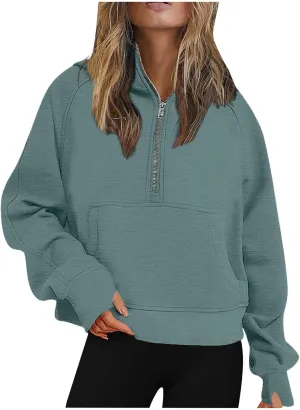 Womens Zip up Hoodies Oversized Sweatshirts Half Zip Cropped Pullover Fleece Preppy Clothes Fall Teen Girls Outfits