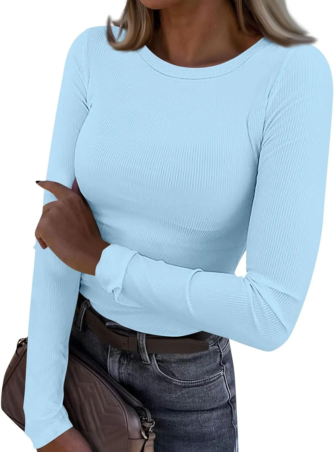 Womne's Ribbed Crew Neck Slim Fitted T Shirts Basic Solid Long Sleeve Layering Tee Tops Stretch Casual Tunic Tops