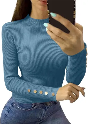 Work Blouse Long Sleeve Mock Neck Ribbed Knit Sweater Work Winter Button Down Western Tops Fall Travel Sexy Outfits