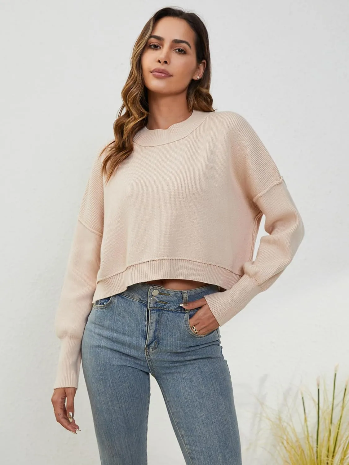 YKR Sweaters for Women Cropped Crewneck Striped Sweaters Long Sleeve Side Slit Trendy Oversized Pullover Jumper Tops 2024