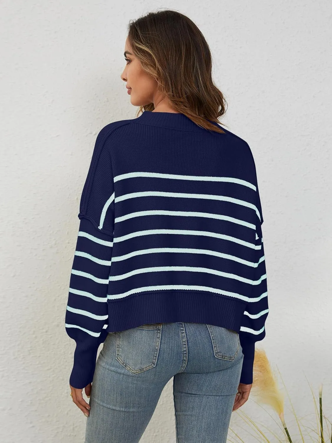 YKR Sweaters for Women Cropped Crewneck Striped Sweaters Long Sleeve Side Slit Trendy Oversized Pullover Jumper Tops 2024