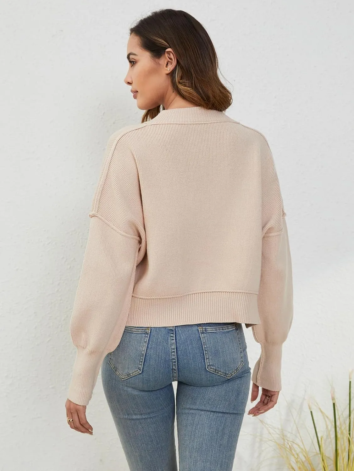 YKR Sweaters for Women Cropped Crewneck Striped Sweaters Long Sleeve Side Slit Trendy Oversized Pullover Jumper Tops 2024
