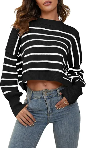 YKR Sweaters for Women Cropped Crewneck Striped Sweaters Long Sleeve Side Slit Trendy Oversized Pullover Jumper Tops 2024