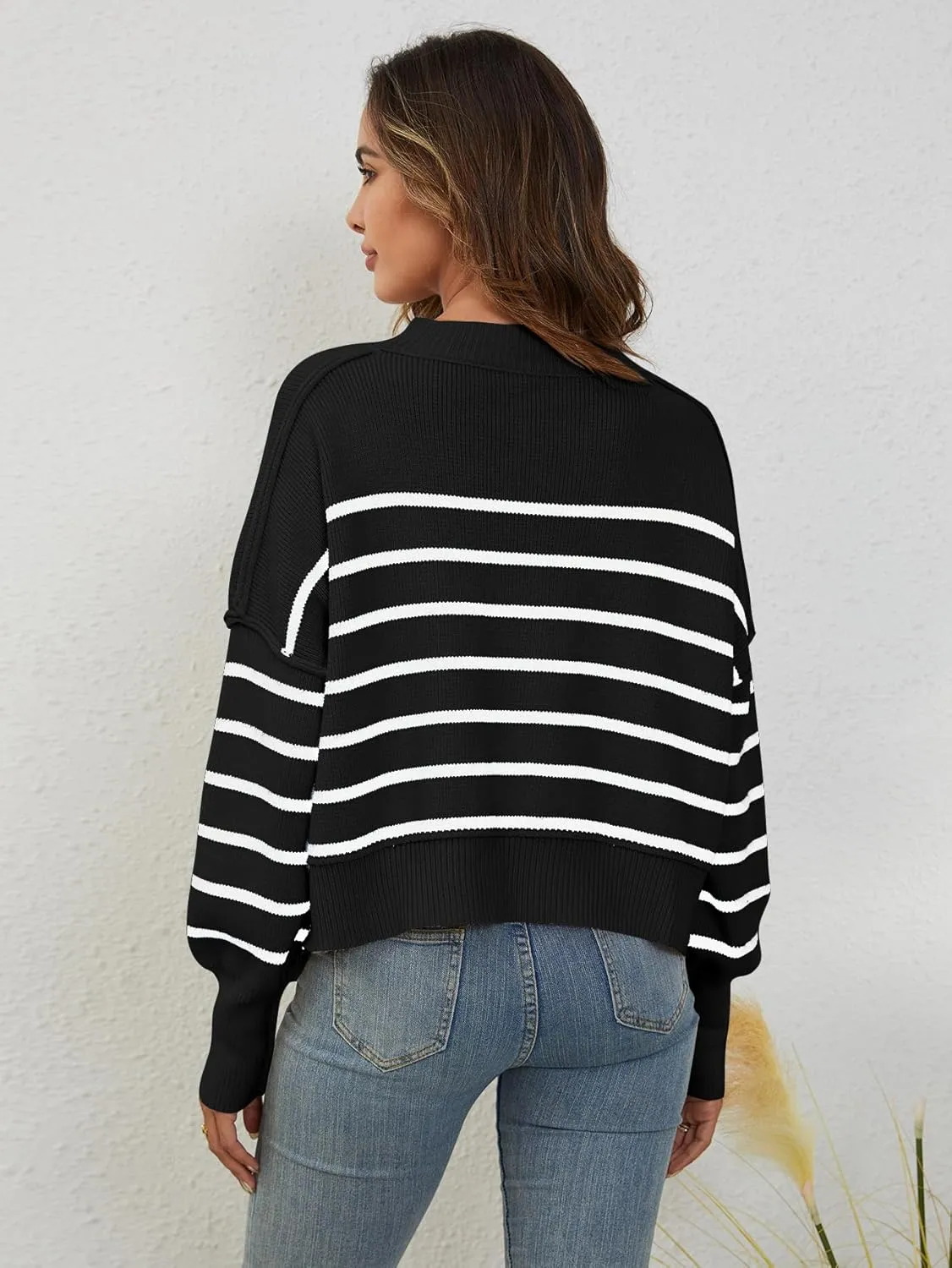 YKR Sweaters for Women Cropped Crewneck Striped Sweaters Long Sleeve Side Slit Trendy Oversized Pullover Jumper Tops 2024