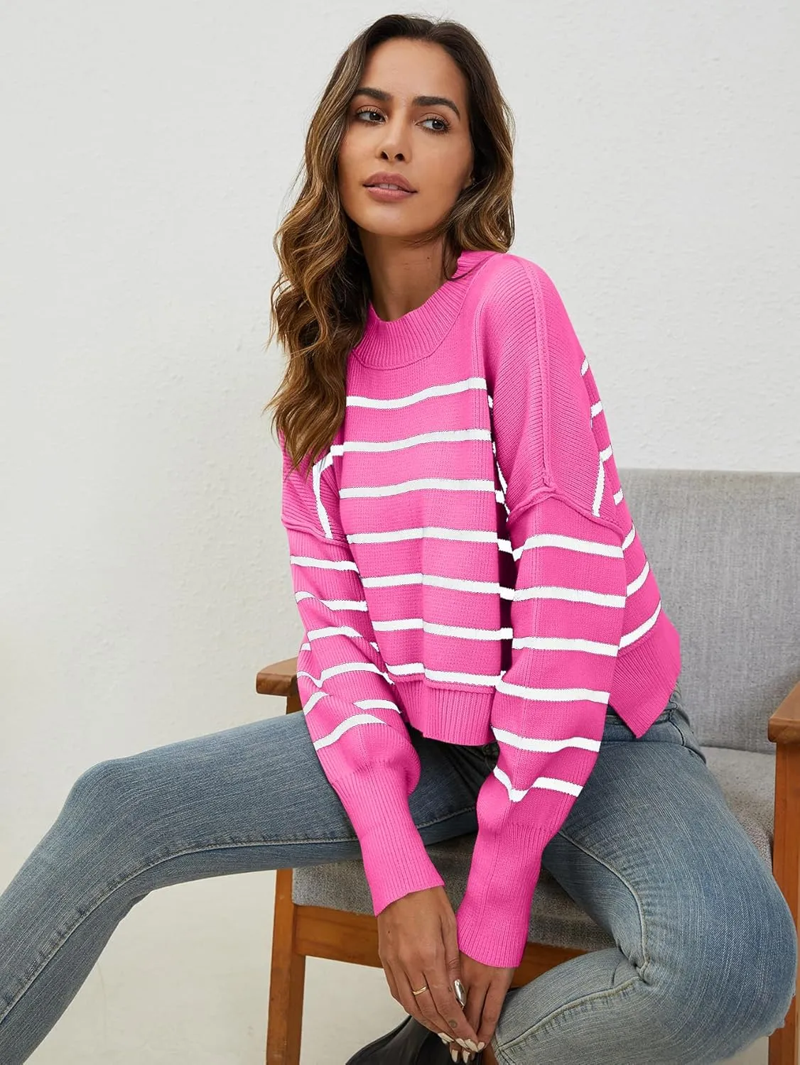 YKR Sweaters for Women Cropped Crewneck Striped Sweaters Long Sleeve Side Slit Trendy Oversized Pullover Jumper Tops 2024