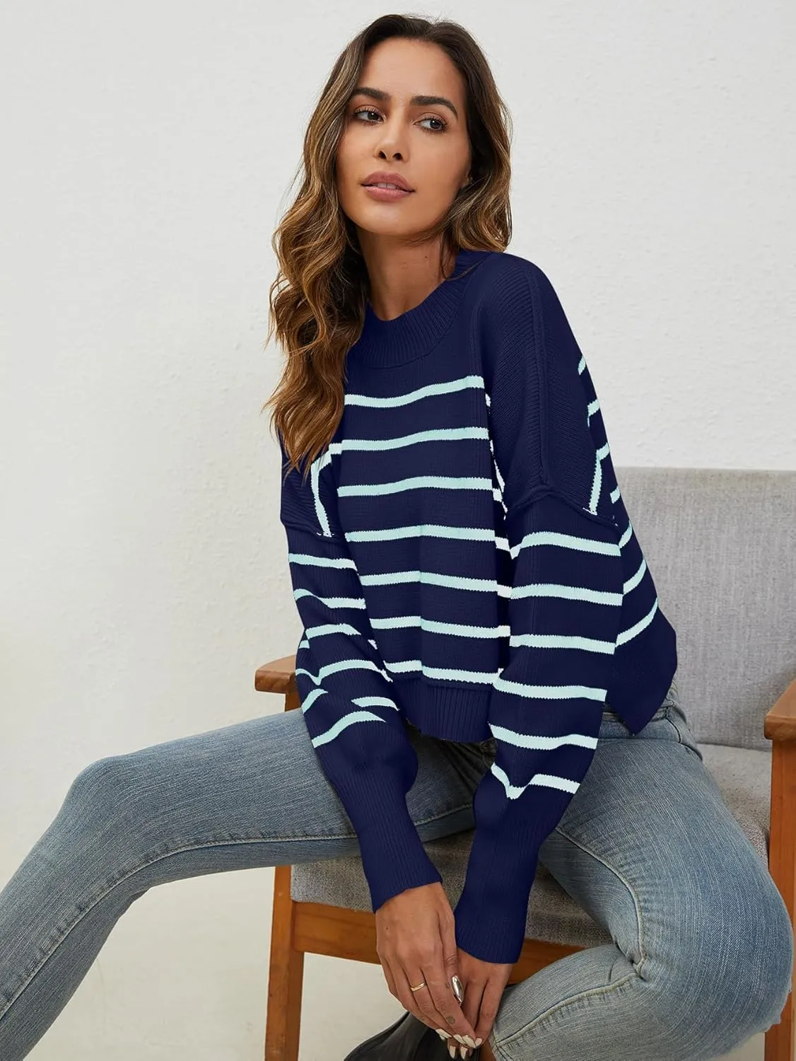 YKR Sweaters for Women Cropped Crewneck Striped Sweaters Long Sleeve Side Slit Trendy Oversized Pullover Jumper Tops 2024