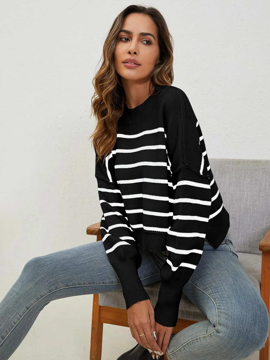 YKR Sweaters for Women Cropped Crewneck Striped Sweaters Long Sleeve Side Slit Trendy Oversized Pullover Jumper Tops 2024