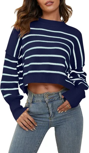 YKR Sweaters for Women Cropped Crewneck Striped Sweaters Long Sleeve Side Slit Trendy Oversized Pullover Jumper Tops 2024