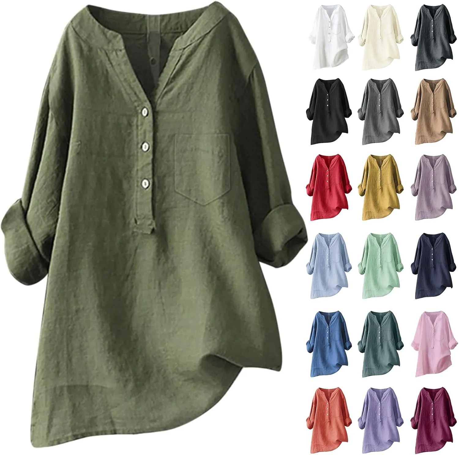 ZWRXW Womens Cotton Linen Shirts 3/4 Sleeve V Neck Tshirts Solid Color Comfy Tops Summer Casual Dressy Tunic Top Blouses